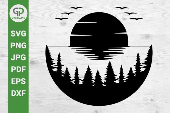 Sunset Ocean SVG, Pine Trees Birds SVG: Nature Graphics & Illustrations